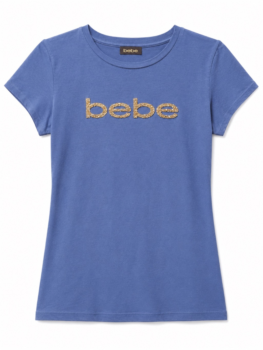 bebe Blue Logo Tee with Gold Embellished Script